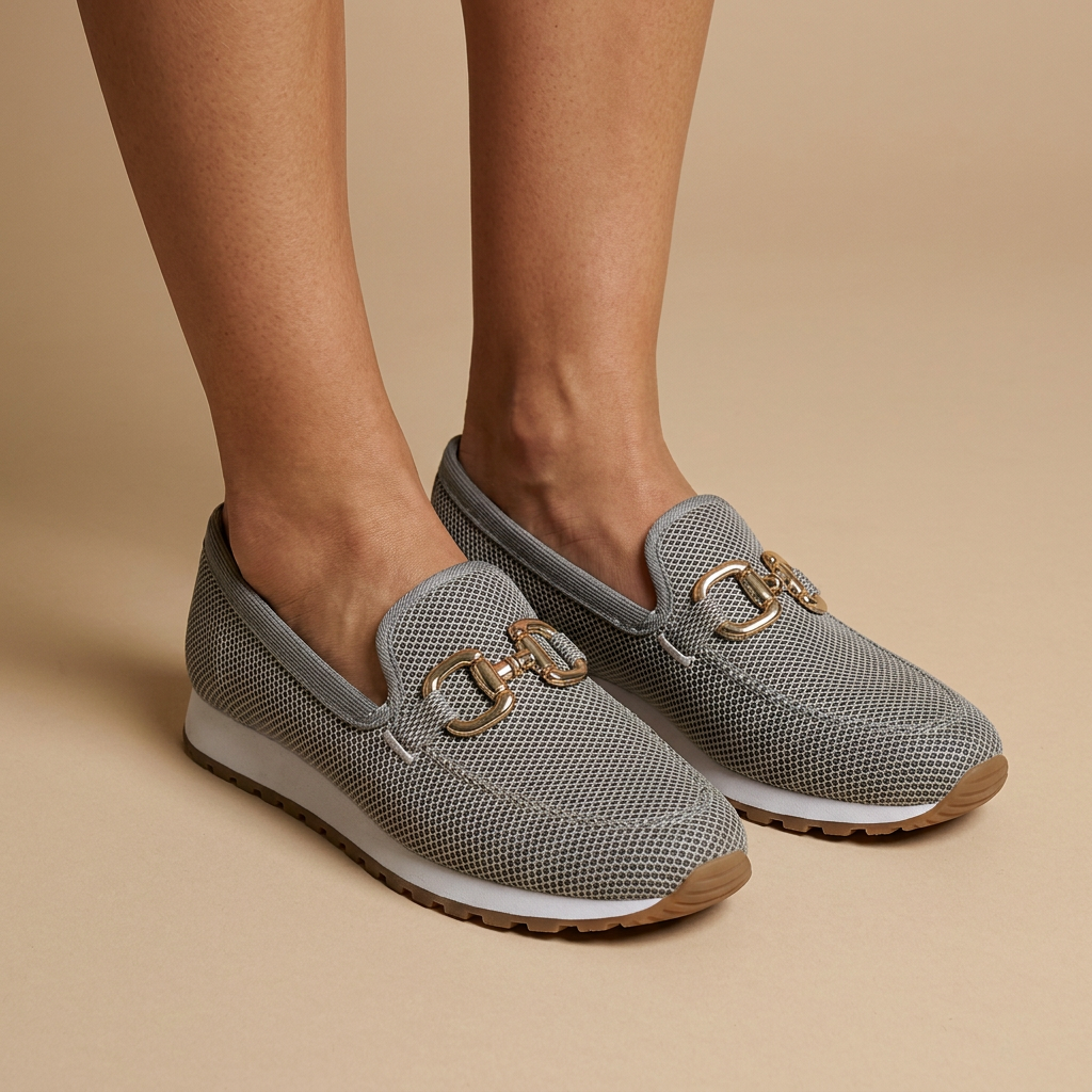 Grey loafers on feet