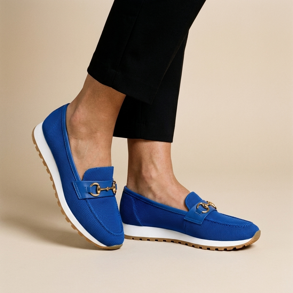 Blue loafers on feet